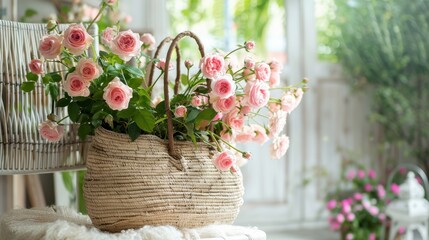 Interior decoration featuring a straw bag and pink roses with a spring theme