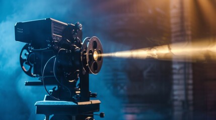 Movie projector with light beam in a dark setting