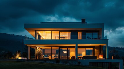 Nighttime shot of a modern house highlighting both outdoor and indoor lighting