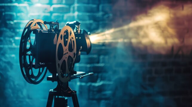 Movie projector with light beam in a dark setting