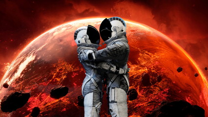 Two astronauts embrace before a looming red planet, a fiery landscape below them, under a star-speckled sky, symbolizing a passionate connection in a harsh realm. 3d render