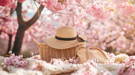 Picnic set up with a straw hat and bag amidst pink sakura blossoms
