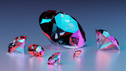Gemstones with brilliant facets, Vividly colored reflecting light on a smooth surface. 3d render