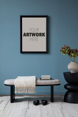 Minmalist composition of living room interior with mock up poster frame, stylish bench, black...