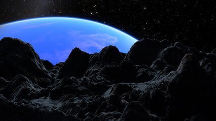 Silhouette of mountain terrain against a backdrop of a planet curved horizon and star-speckled...