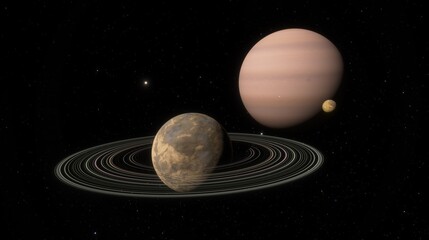 Planetary system, vast expanse of space, large ringed planet with smaller moon and a gas giant in the background. Star studded sky, serene beauty of the cosmos. 3d render
