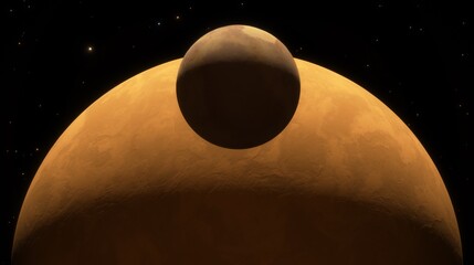 Large orange planet with a smaller moon in the foreground set against the star-studded backdrop of...
