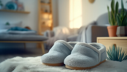 home cozy slippers on the background of the bed.  - Powered by Adobe