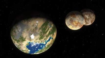 Lush green exoplanet with blue oceans, accompanied by two moons against a starry sky. 3d render