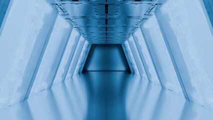 Futuristic corridor with sleek, bathed in cool blue light that casts geometric shadows within a...