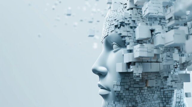 Abstract digital human head constructing from cubes. Minimalistic design for business presentations, flyers or posters. Technology and robotics concept