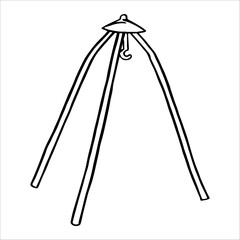 Vector drawing, graphic and doodle, fire tripod and picnic grill tripod. Travel, outdoor recreation. Comfortable outdoor glamping.