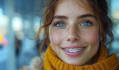 Happy smiling teenager female girl wearing orthodontic braces to straighten teeth wearing winter scarf to dentist dental clinic appointment teen girl confidence self esteem healthcare face portrait 