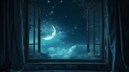 Mystical window with crescent moon in night sky.