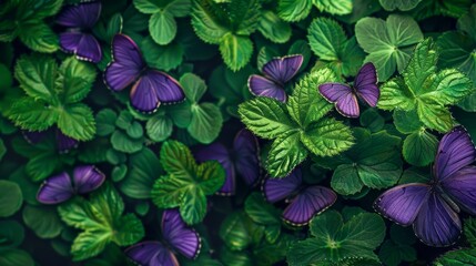 Abstract nature background with purple butterflies on vibrant green leaves in the center of the image