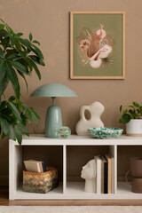 Creative compositions of living room interior with mock up poster frame, shelf, table lamp, plants,...