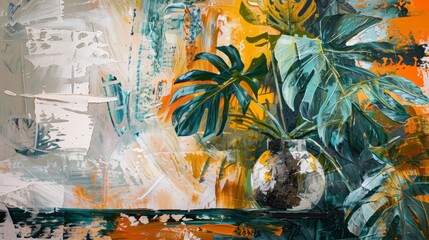 Abstract painting with oil pastels .Plants. Painting in the interior. A modern poster