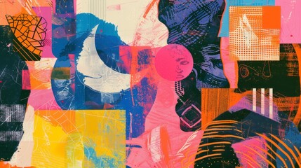 Aesthetic collage background with riso print effect. Grainy color fades, large shapes, exaggerated figures and layering of different subjects in risograph style