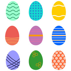 Illustration depicting 9 Easter eggs with different patterns on a white background