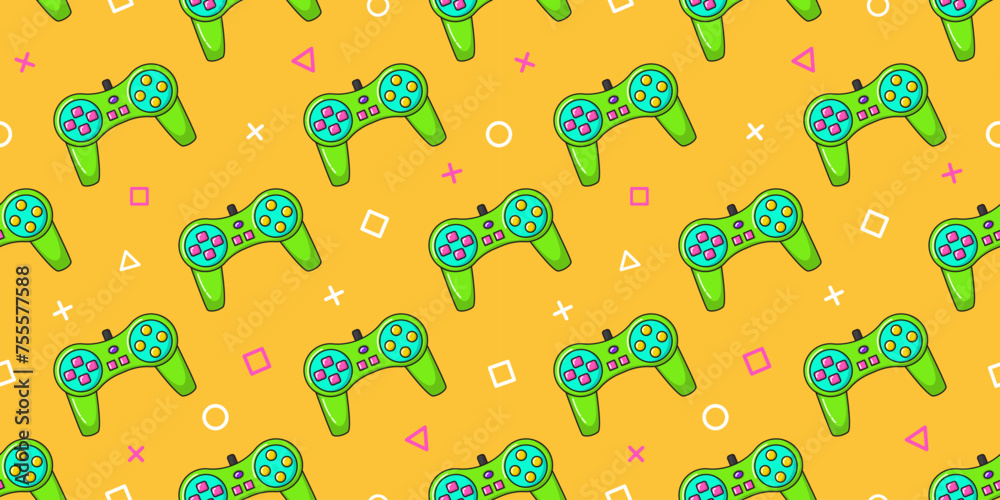 Wall mural Vector gamer seamless pattern. Gamepad controller on yellow background. Gaming joysticks icons in doodle style. Wallpaper, print, textile, fabric, wrapping. Computer game banner