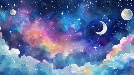 Colorful cosmic sky with a moon, stars, and fluffy clouds. Watercolor illustration.