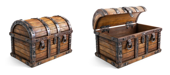 Empty Treasure Chest open and closed. antique wooden box isolated on transparent background. 