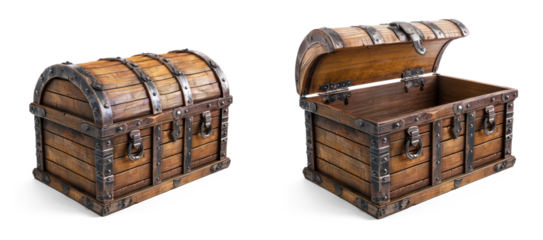 Empty Treasure Chest open and closed. antique wooden box isolated on transparent background. 