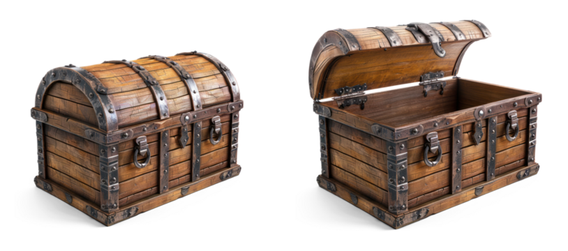 Empty Treasure Chest open and closed. antique wooden box isolated on transparent background. 