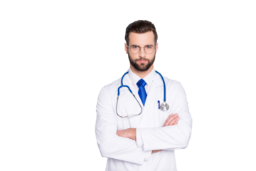 Portrait of attractive stylish doc with stubble in white lab coat, tie and stethoscope on his neck, having his arms crossed, looking at camera, isolated on grey background