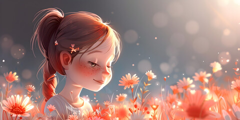 Anime girl in a field of flowers with a butterfly flying overhead.