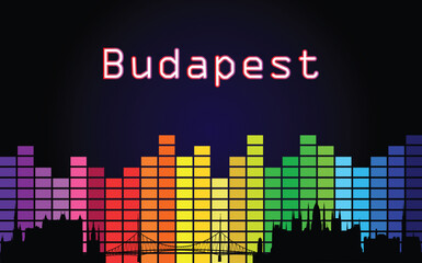 Black panorama of city of Budapest on multi colored music equalizer with multi colored inscription of the name of the city on black background