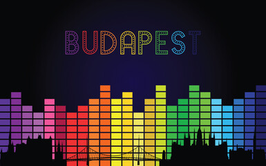 Black panorama of city of Budapest on multi colored music equalizer with multi colored inscription of the name of the city on black background
