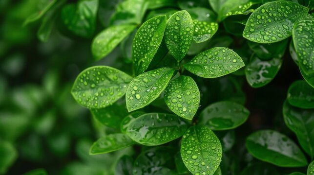 A detailed view of a bush with lush green leaves, glistening with freshness after a recent rainfall. The leaves stand out against a blurred background, showcasing their vibrant color and texture