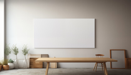 large empty white picture on the wall in a minimalist kitchen room.  - obrazy, fototapety, plakaty