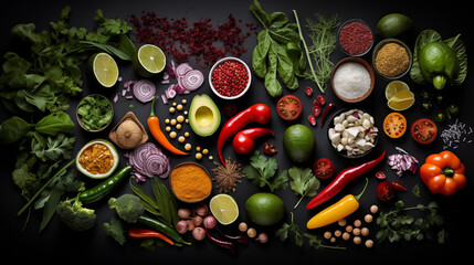 Fruits et légumes disposés sur un fond noir. Nourriture, sain, santé. Pour conception et création graphique. - obrazy, fototapety, plakaty