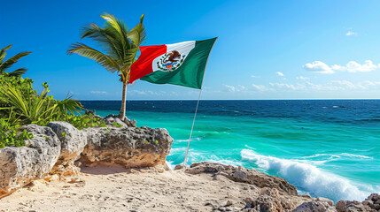 National flag of Mexico blows in the wind on.