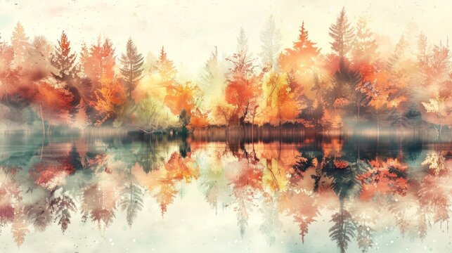 A forest and its reflection in a lake or river in a watercolor scene. Creative digital art with atmospheric fall landscape. Natural background