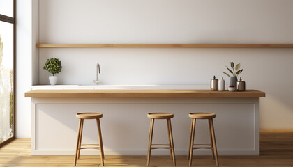 large empty white picture on the wall in a minimalist kitchen room. 