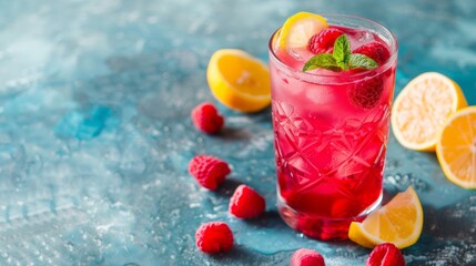A glass filled with vibrant raspberry lemonade sits on a smooth blue surface, enticing with its...