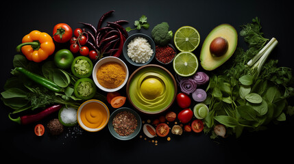 Fruits et légumes disposés sur un fond noir. Nourriture, sain, santé. Pour conception et création graphique. - obrazy, fototapety, plakaty