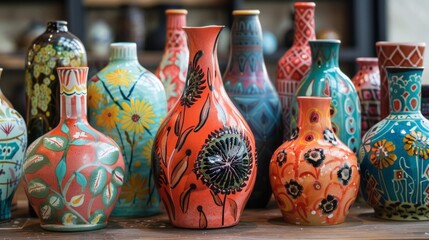 A group of vibrant and intricately painted vases sit elegantly on top of a wooden table. The...