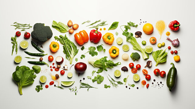 Fruits et l&eacute;gumes dispos&eacute;s sur un fond blanc. Nourriture, sain, sant&eacute;. Pour conception et cr&eacute;ation graphique.
