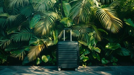 A luggage suitcase stands against green exotic tropical plants wall. Travel and tropical vacation concept