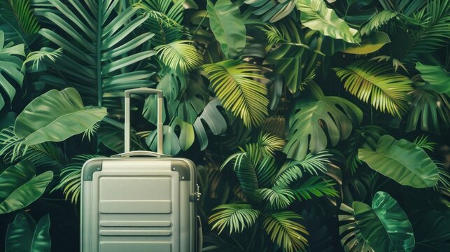 A luggage suitcase stands against green exotic tropical plants wall. Travel and tropical vacation concept