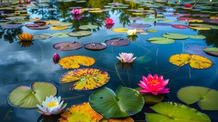 A pond in Cape Cod, Massachusetts, is filled with numerous vibrant water lilies. The colorful lily pads cover the surface of the water, creating a beautiful and lush scene