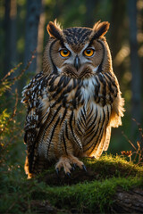Fototapeta premium Beeindruckende Eule im Licht des Sonnenuntergangs im grünen Wald