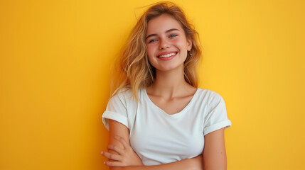 portrait of happy young woman standing with arms folded - 755578786