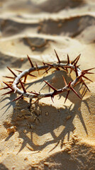 Fototapeta na wymiar Crown of Thorns on stony sand conceptual of the crucifixion and Easter with copy space