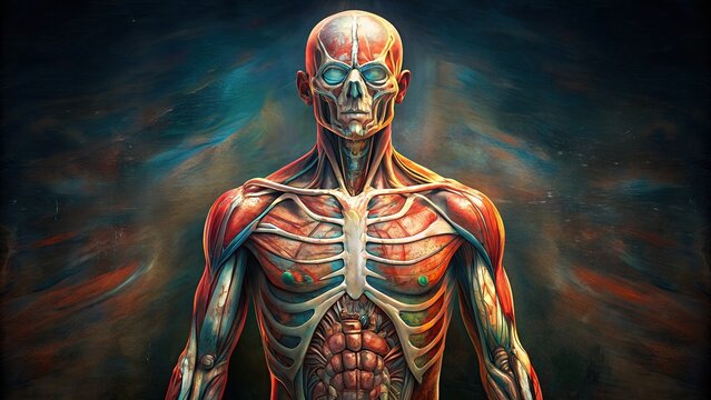 digital artwork depicting a human skeleton anatomy with a muscular system