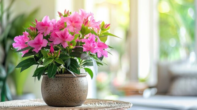 A potted plant with blooming pink flowers and vibrant green leaves sits on a table, adding a touch of color and nature to the room